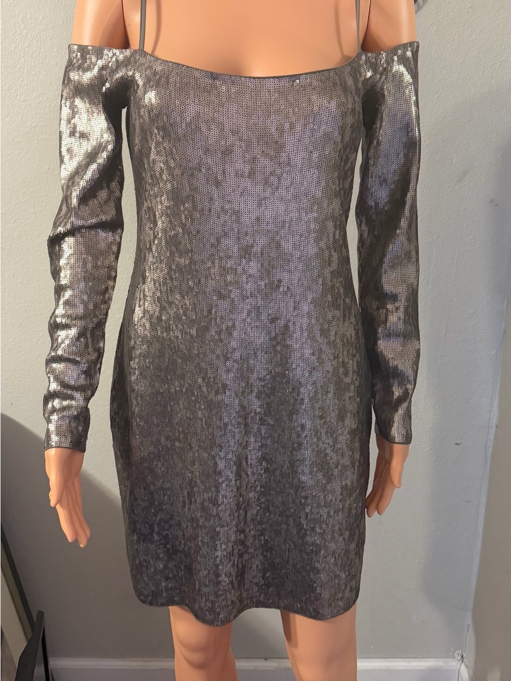 Express Metallic Off-Shoulder Long Sleeve Dress - Silver
